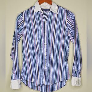 Ralph Lauren Blue Multi-Stripe Dress Shirt with White Collar for Women